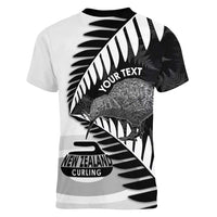 New Zealand Silver Fern Curling Personalised Women V-Neck T-Shirt Aotearoa Kiwi Ponga Black White Version LT14 - Polynesian Pride