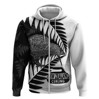 New Zealand Silver Fern Curling Personalised Zip Hoodie Aotearoa Kiwi Ponga Black White Version LT14 Zip Hoodie Black - Polynesian Pride