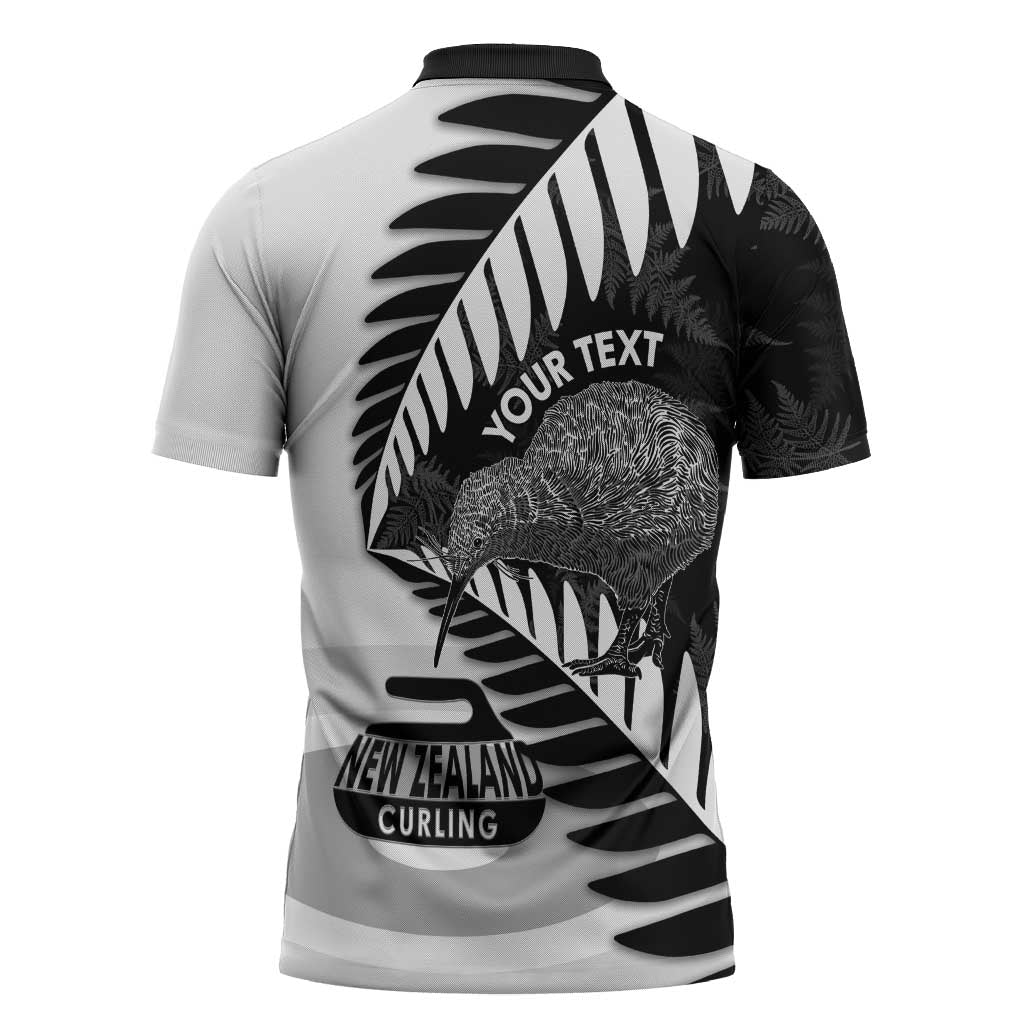 New Zealand Silver Fern Curling Personalised Zipper Polo Shirt Aotearoa Kiwi Ponga Black White Version LT14 - Polynesian Pride