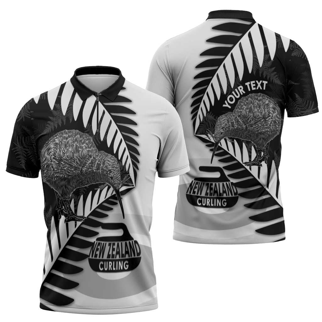New Zealand Silver Fern Curling Personalised Zipper Polo Shirt Aotearoa Kiwi Ponga Black White Version LT14 - Polynesian Pride