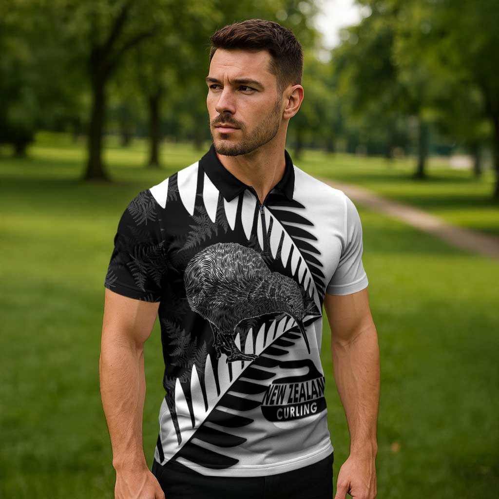 New Zealand Silver Fern Curling Personalised Zipper Polo Shirt Aotearoa Kiwi Ponga Black White Version LT14 - Polynesian Pride