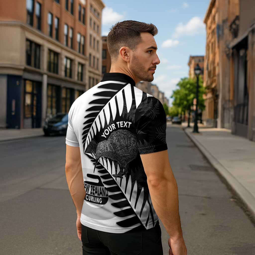 New Zealand Silver Fern Curling Personalised Zipper Polo Shirt Aotearoa Kiwi Ponga Black White Version LT14 - Polynesian Pride