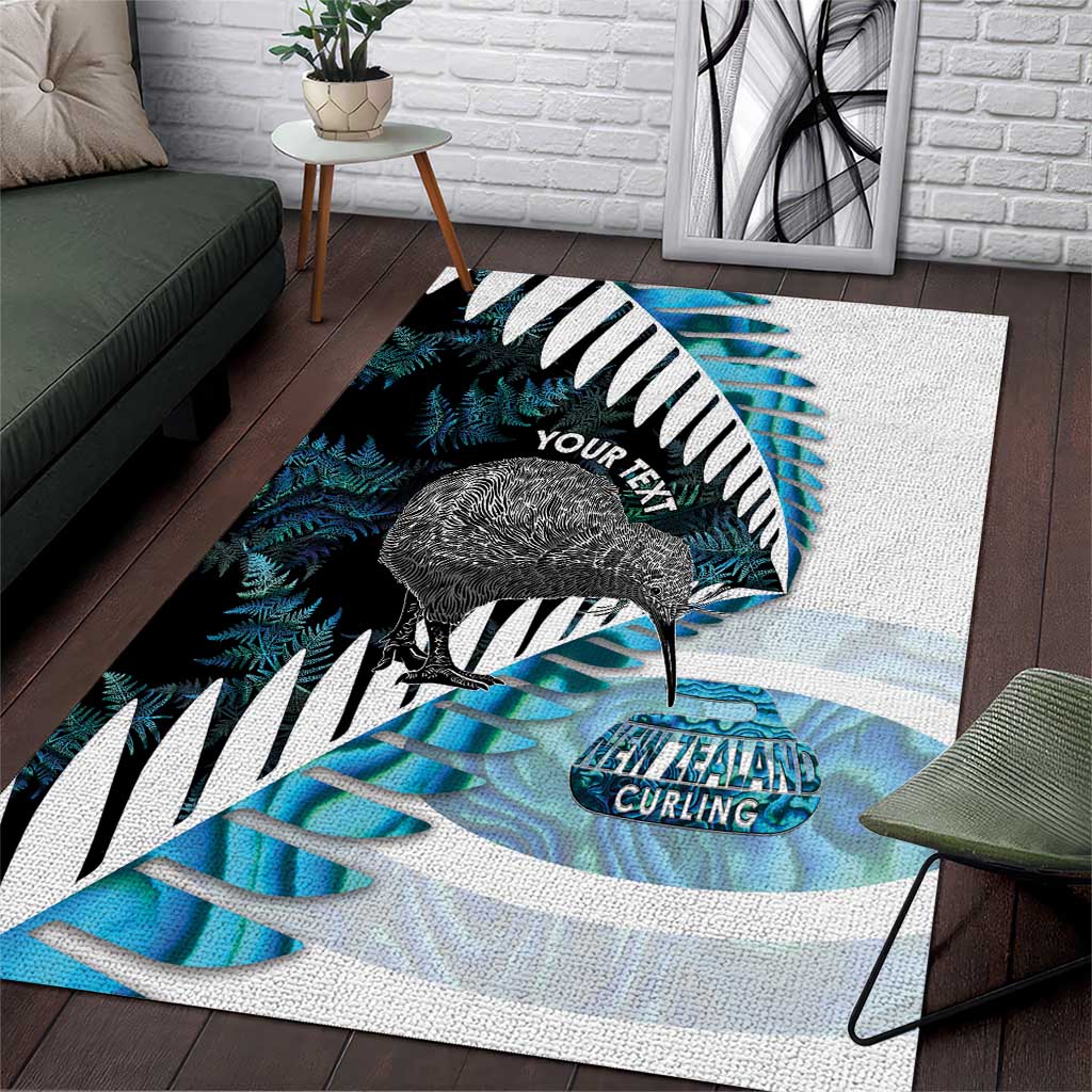 New Zealand Silver Fern Curling Personalised Area Rug Aotearoa Kiwi Ponga Paua Shell Version LT14 Black - Polynesian Pride