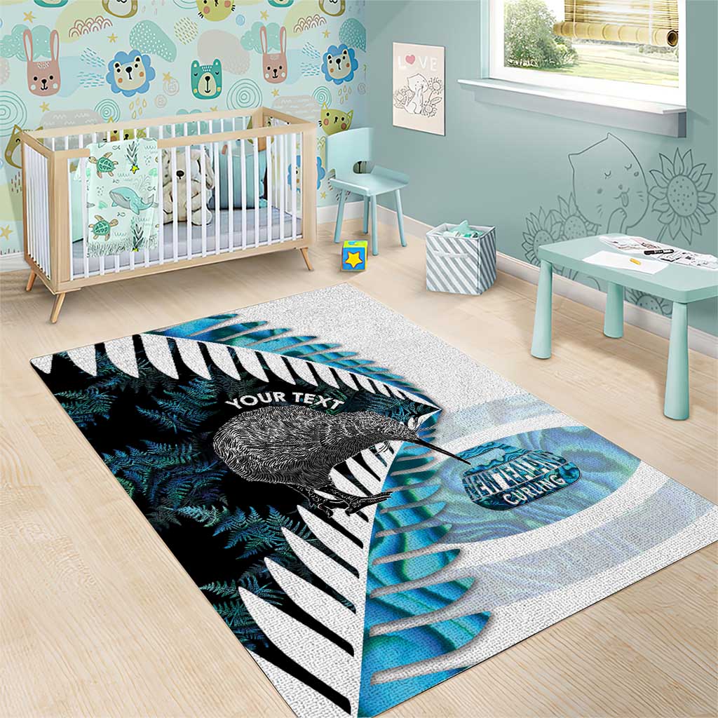 New Zealand Silver Fern Curling Personalised Area Rug Aotearoa Kiwi Ponga Paua Shell Version LT14 - Polynesian Pride