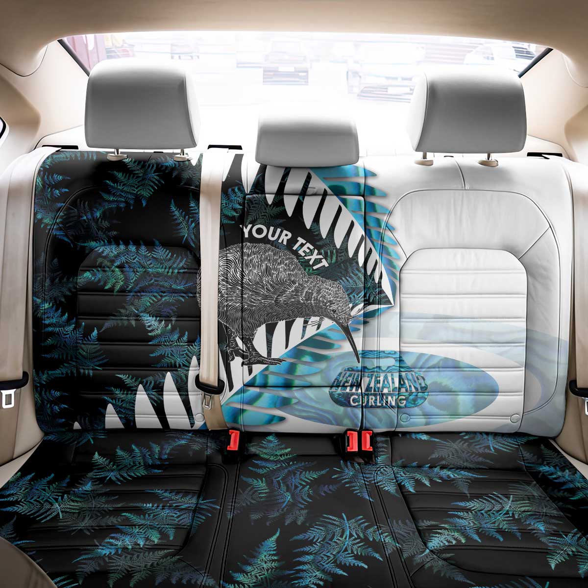 New Zealand Silver Fern Curling Personalised Back Car Seat Cover Aotearoa Kiwi Ponga Paua Shell Version - Polynesian Pride
