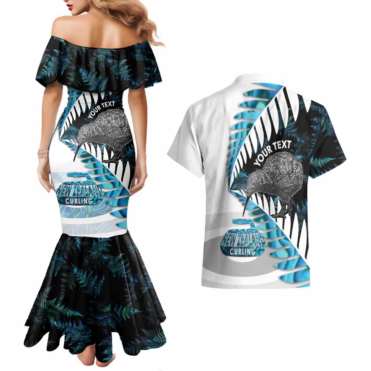 New Zealand Silver Fern Curling Personalised Couples Matching Mermaid Dress and Hawaiian Shirt Aotearoa Kiwi Ponga Paua Shell Version LT14 - Polynesian Pride