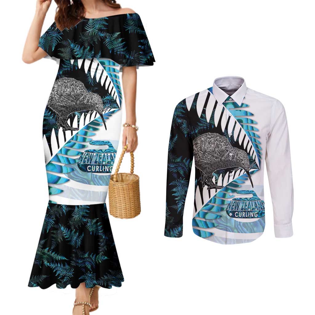 New Zealand Silver Fern Curling Personalised Couples Matching Mermaid Dress and Long Sleeve Button Shirt Aotearoa Kiwi Ponga Paua Shell Version LT14 Black - Polynesian Pride