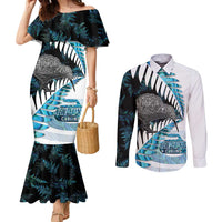 New Zealand Silver Fern Curling Personalised Couples Matching Mermaid Dress and Long Sleeve Button Shirt Aotearoa Kiwi Ponga Paua Shell Version LT14 Black - Polynesian Pride