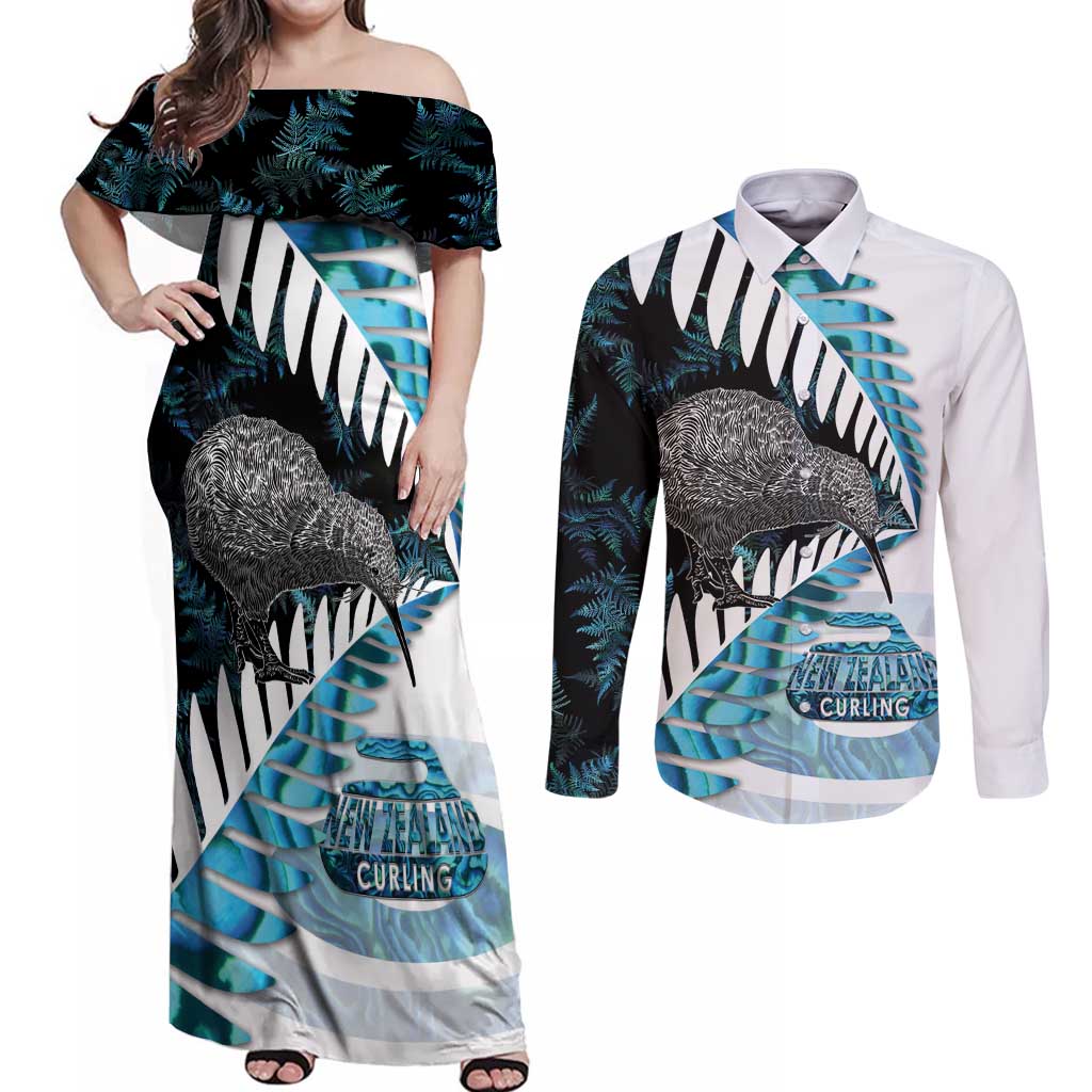 New Zealand Silver Fern Curling Personalised Couples Matching Off Shoulder Maxi Dress and Long Sleeve Button Shirt Aotearoa Kiwi Ponga Paua Shell Version LT14 Black - Polynesian Pride