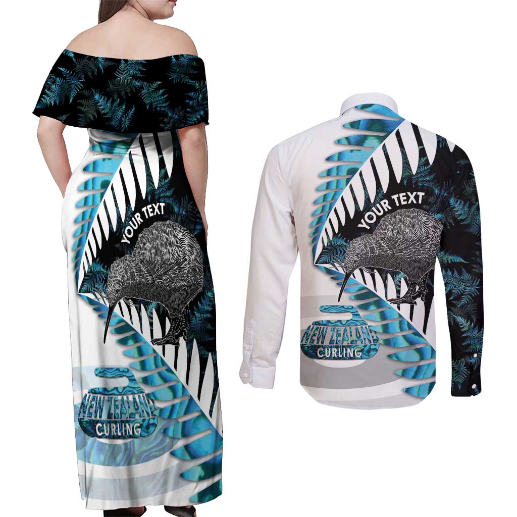 New Zealand Silver Fern Curling Personalised Couples Matching Off Shoulder Maxi Dress and Long Sleeve Button Shirt Aotearoa Kiwi Ponga Paua Shell Version LT14 - Polynesian Pride