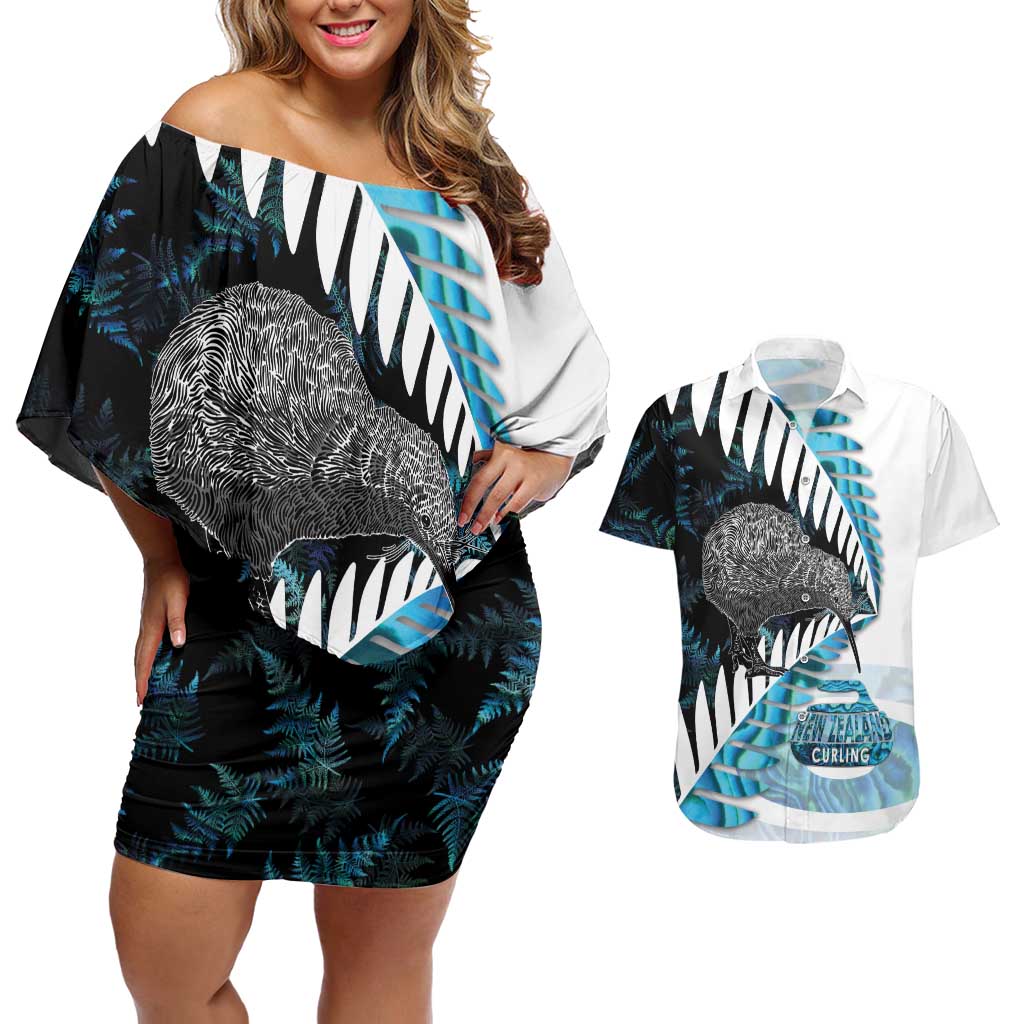New Zealand Silver Fern Curling Personalised Couples Matching Off Shoulder Short Dress and Hawaiian Shirt Aotearoa Kiwi Ponga Paua Shell Version LT14 Black - Polynesian Pride