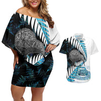 New Zealand Silver Fern Curling Personalised Couples Matching Off Shoulder Short Dress and Hawaiian Shirt Aotearoa Kiwi Ponga Paua Shell Version LT14 Black - Polynesian Pride