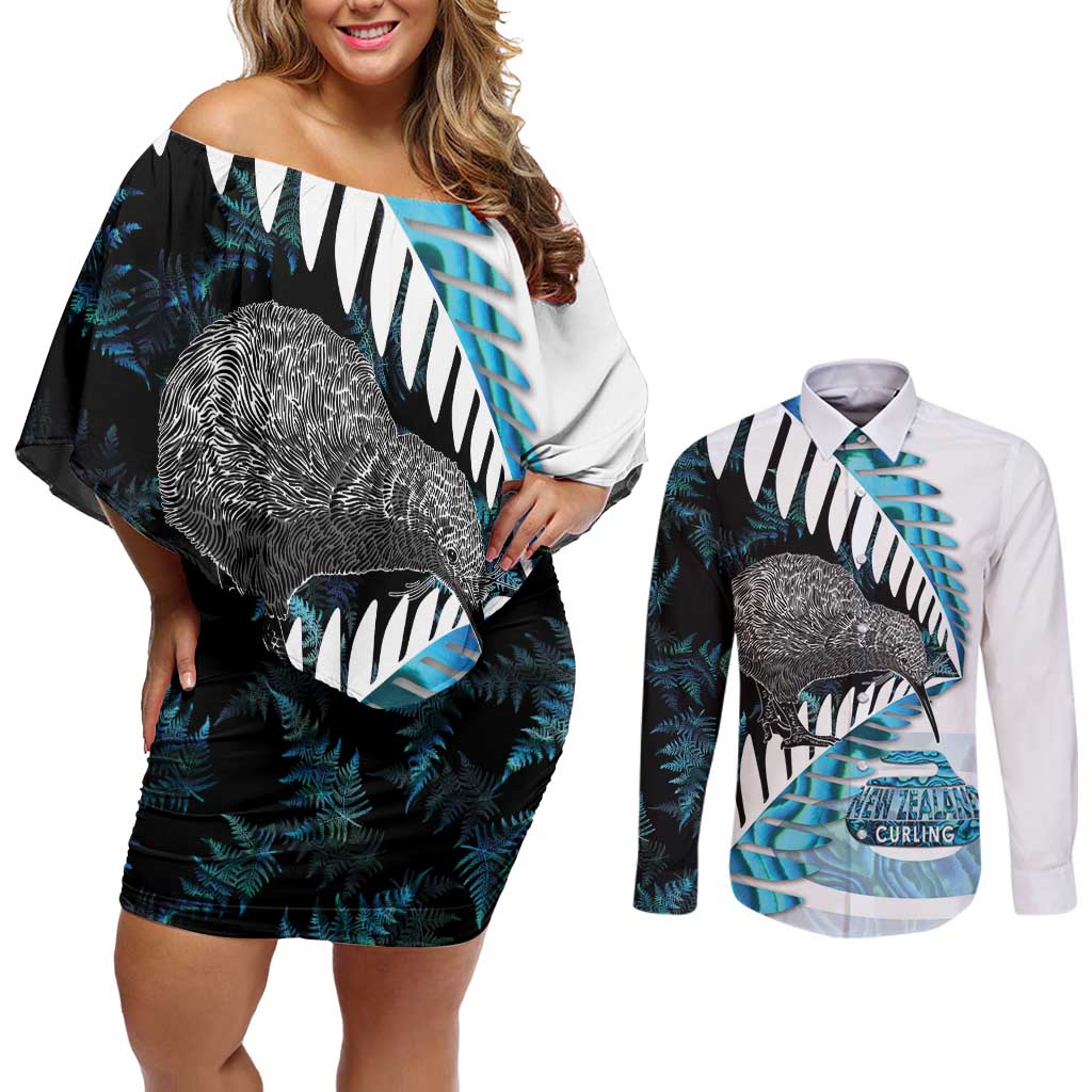 New Zealand Silver Fern Curling Personalised Couples Matching Off Shoulder Short Dress and Long Sleeve Button Shirt Aotearoa Kiwi Ponga Paua Shell Version LT14 Black - Polynesian Pride