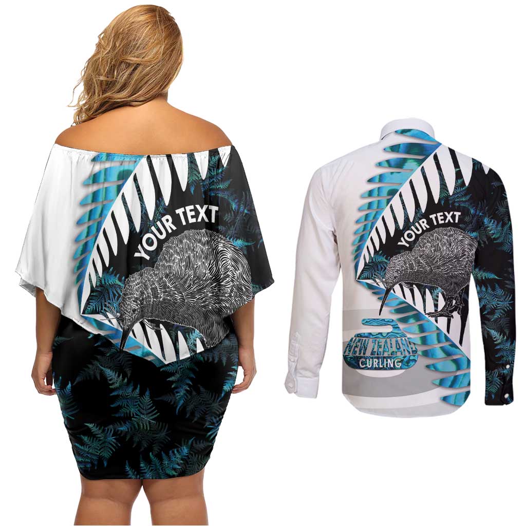 New Zealand Silver Fern Curling Personalised Couples Matching Off Shoulder Short Dress and Long Sleeve Button Shirt Aotearoa Kiwi Ponga Paua Shell Version LT14 - Polynesian Pride