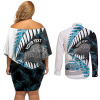 New Zealand Silver Fern Curling Personalised Couples Matching Off Shoulder Short Dress and Long Sleeve Button Shirt Aotearoa Kiwi Ponga Paua Shell Version LT14 - Polynesian Pride