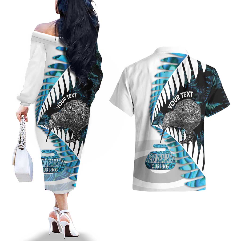 New Zealand Silver Fern Curling Personalised Couples Matching Off The Shoulder Long Sleeve Dress and Hawaiian Shirt Aotearoa Kiwi Ponga Paua Shell Version LT14 - Polynesian Pride