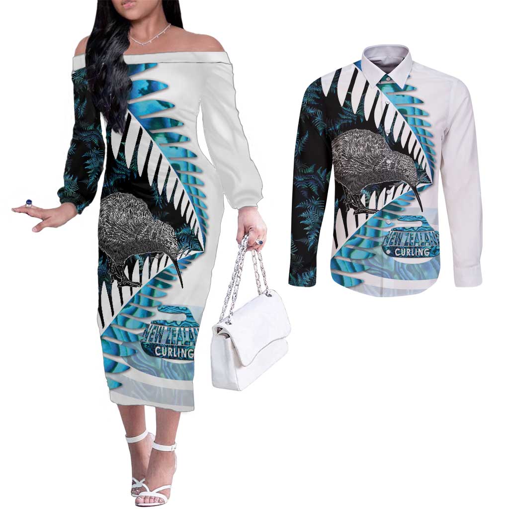 New Zealand Silver Fern Curling Personalised Couples Matching Off The Shoulder Long Sleeve Dress and Long Sleeve Button Shirt Aotearoa Kiwi Ponga Paua Shell Version LT14 Black - Polynesian Pride