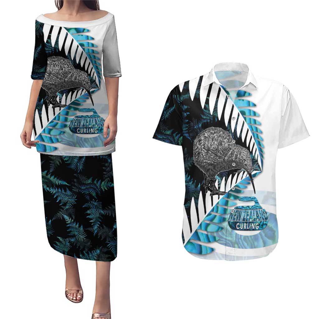 New Zealand Silver Fern Curling Personalised Couples Matching Puletasi and Hawaiian Shirt Aotearoa Kiwi Ponga Paua Shell Version LT14 Black - Polynesian Pride