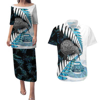 New Zealand Silver Fern Curling Personalised Couples Matching Puletasi and Hawaiian Shirt Aotearoa Kiwi Ponga Paua Shell Version LT14 Black - Polynesian Pride