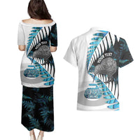 New Zealand Silver Fern Curling Personalised Couples Matching Puletasi and Hawaiian Shirt Aotearoa Kiwi Ponga Paua Shell Version LT14 - Polynesian Pride