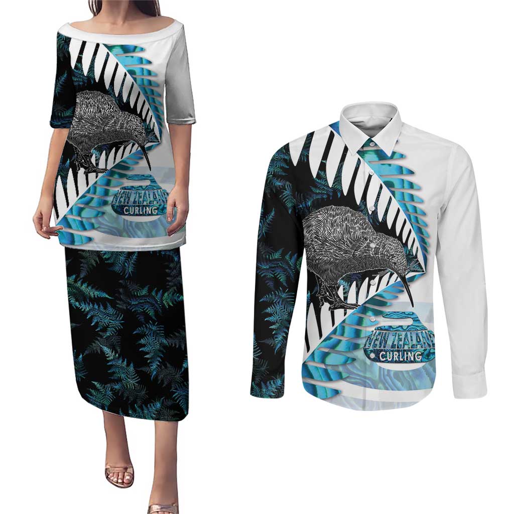 New Zealand Silver Fern Curling Personalised Couples Matching Puletasi and Long Sleeve Button Shirt Aotearoa Kiwi Ponga Paua Shell Version LT14 Black - Polynesian Pride