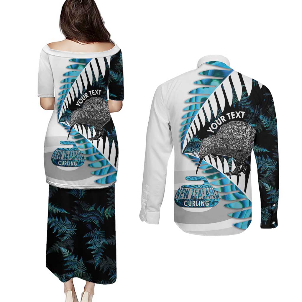 New Zealand Silver Fern Curling Personalised Couples Matching Puletasi and Long Sleeve Button Shirt Aotearoa Kiwi Ponga Paua Shell Version LT14 - Polynesian Pride