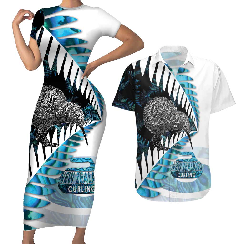 New Zealand Silver Fern Curling Personalised Couples Matching Short Sleeve Bodycon Dress and Hawaiian Shirt Aotearoa Kiwi Ponga Paua Shell Version LT14 Black - Polynesian Pride