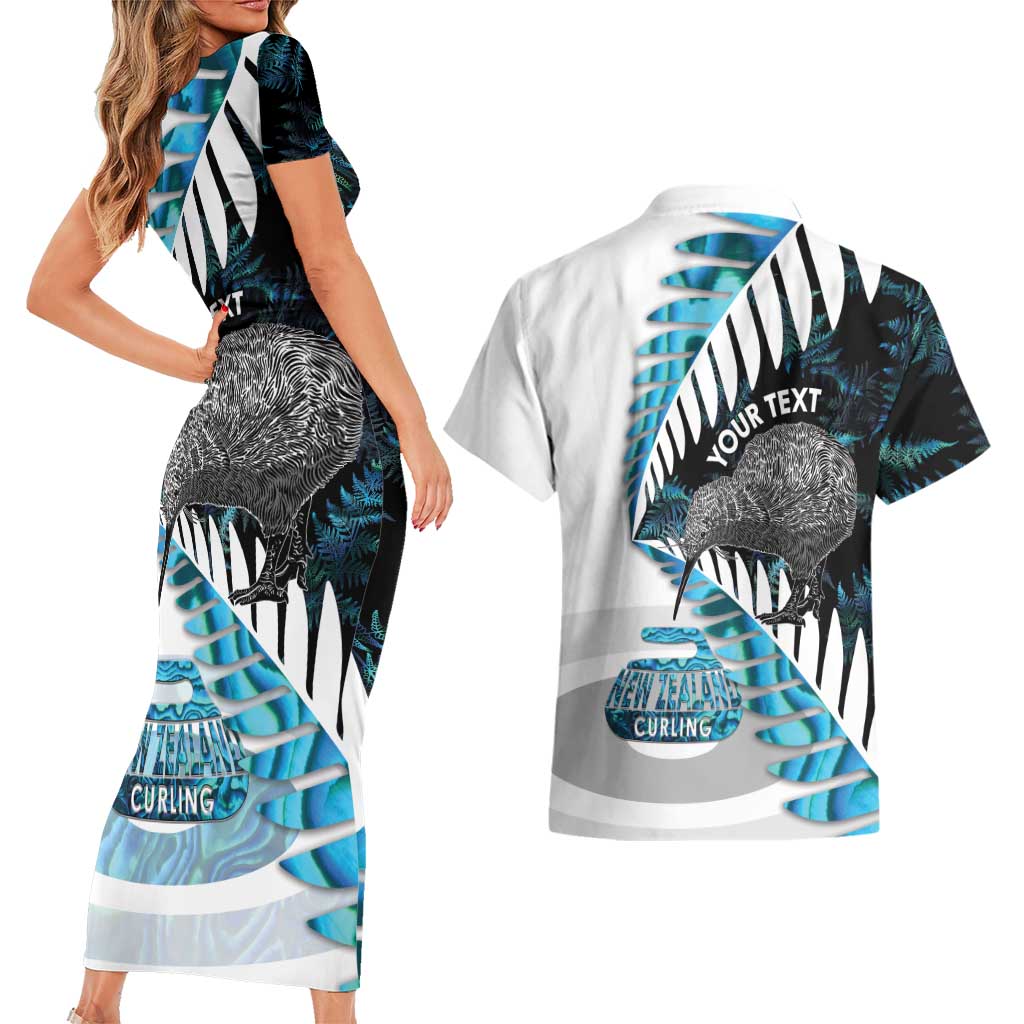 New Zealand Silver Fern Curling Personalised Couples Matching Short Sleeve Bodycon Dress and Hawaiian Shirt Aotearoa Kiwi Ponga Paua Shell Version LT14 - Polynesian Pride