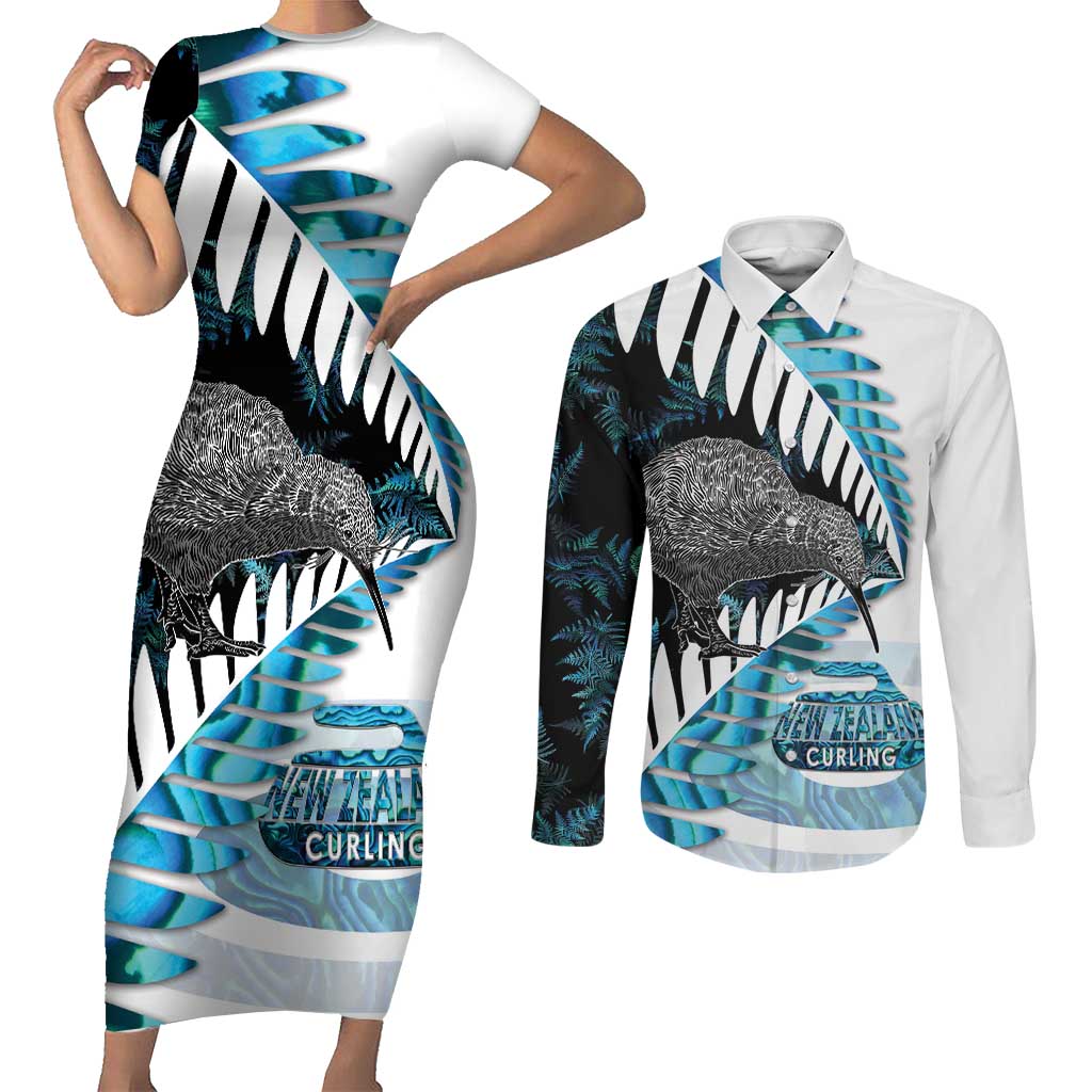 New Zealand Silver Fern Curling Personalised Couples Matching Short Sleeve Bodycon Dress and Long Sleeve Button Shirt Aotearoa Kiwi Ponga Paua Shell Version LT14 Black - Polynesian Pride