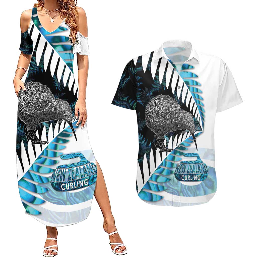 New Zealand Silver Fern Curling Personalised Couples Matching Summer Maxi Dress and Hawaiian Shirt Aotearoa Kiwi Ponga Paua Shell Version LT14 Black - Polynesian Pride