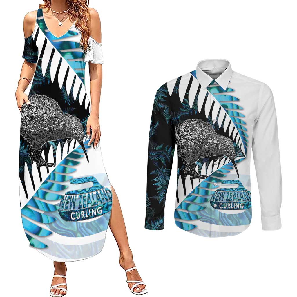 New Zealand Silver Fern Curling Personalised Couples Matching Summer Maxi Dress and Long Sleeve Button Shirt Aotearoa Kiwi Ponga Paua Shell Version LT14 Black - Polynesian Pride