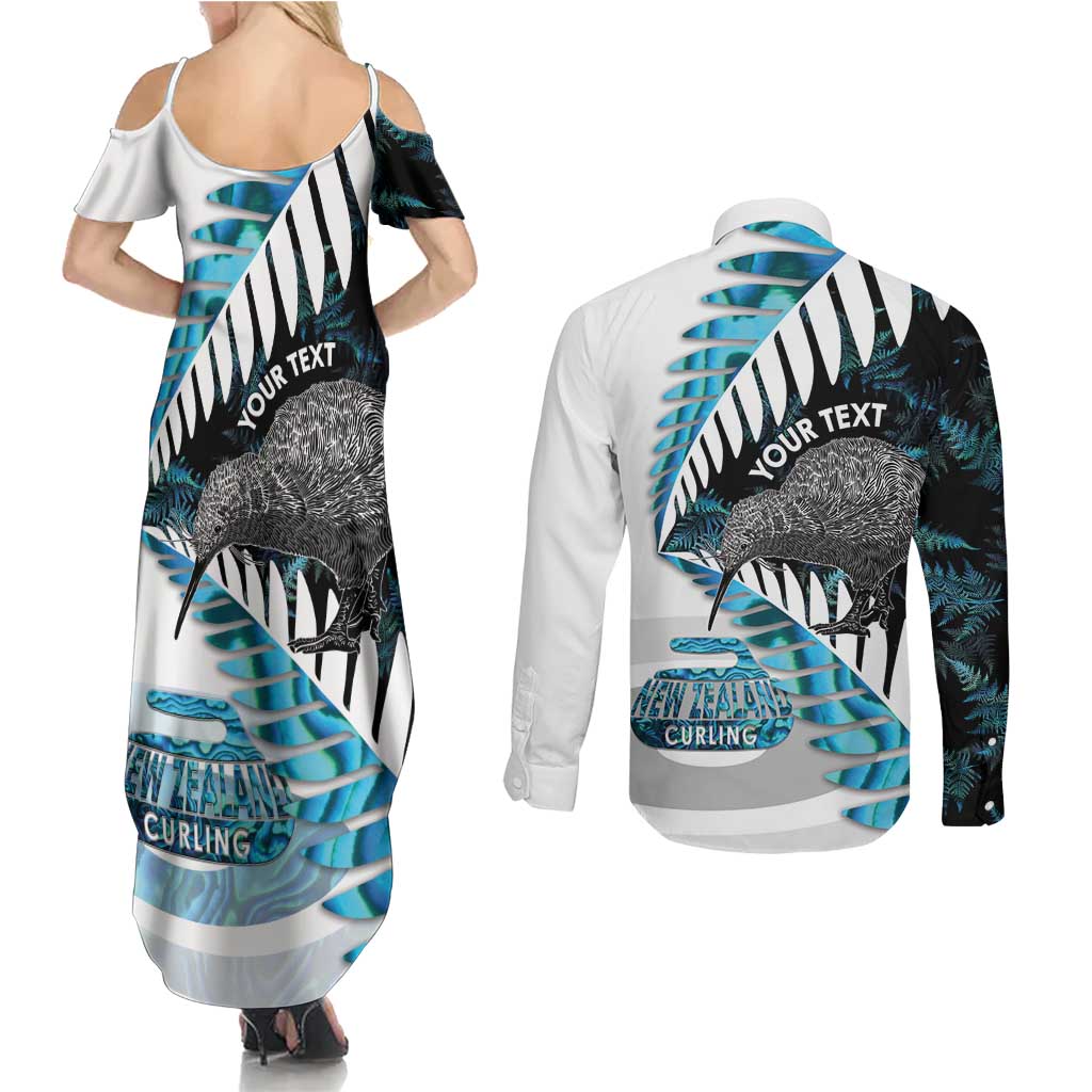 New Zealand Silver Fern Curling Personalised Couples Matching Summer Maxi Dress and Long Sleeve Button Shirt Aotearoa Kiwi Ponga Paua Shell Version LT14 - Polynesian Pride