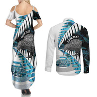 New Zealand Silver Fern Curling Personalised Couples Matching Summer Maxi Dress and Long Sleeve Button Shirt Aotearoa Kiwi Ponga Paua Shell Version LT14 - Polynesian Pride