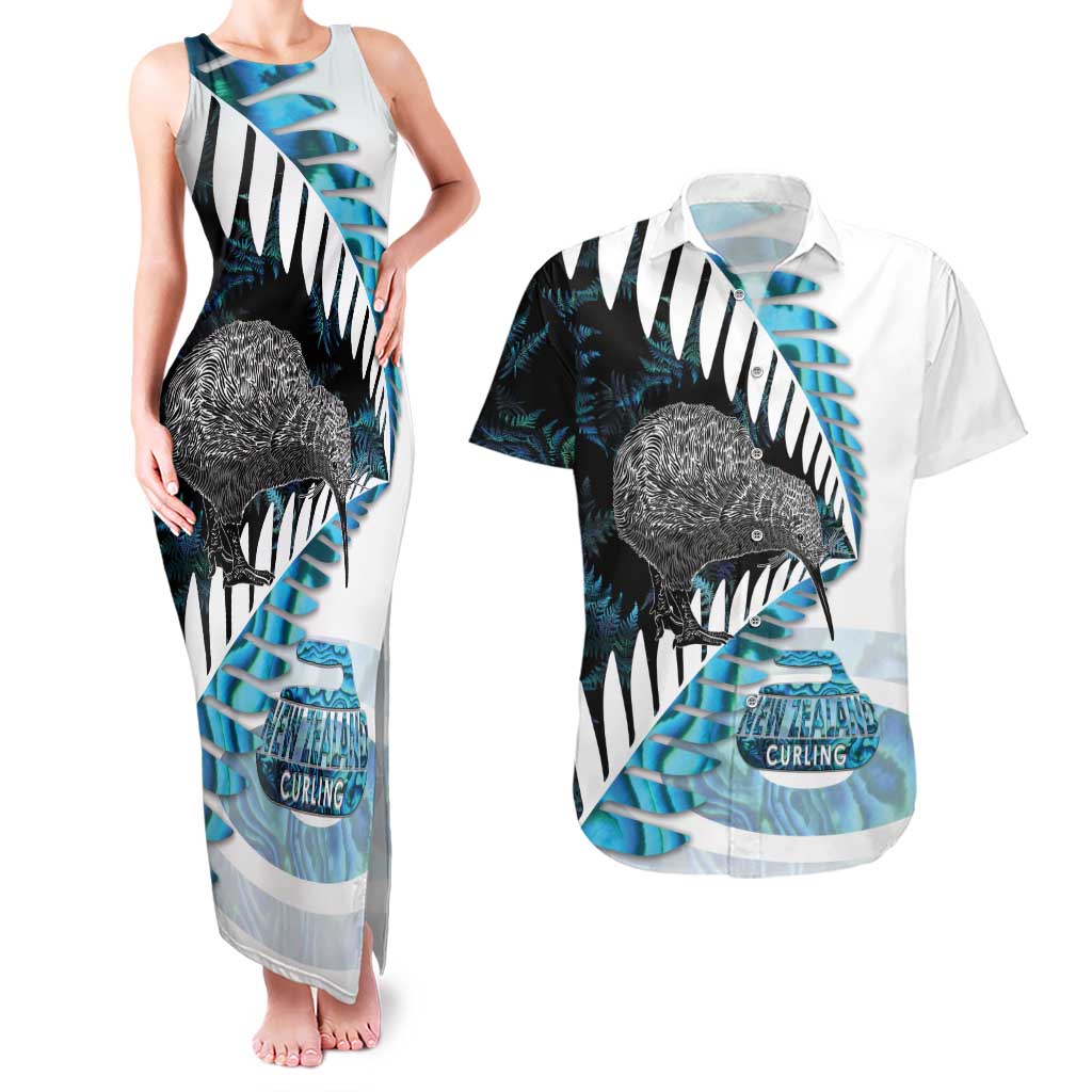 New Zealand Silver Fern Curling Personalised Couples Matching Tank Maxi Dress and Hawaiian Shirt Aotearoa Kiwi Ponga Paua Shell Version LT14 Black - Polynesian Pride