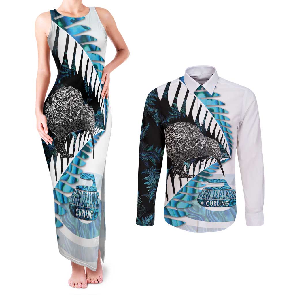 New Zealand Silver Fern Curling Personalised Couples Matching Tank Maxi Dress and Long Sleeve Button Shirt Aotearoa Kiwi Ponga Paua Shell Version LT14 Black - Polynesian Pride
