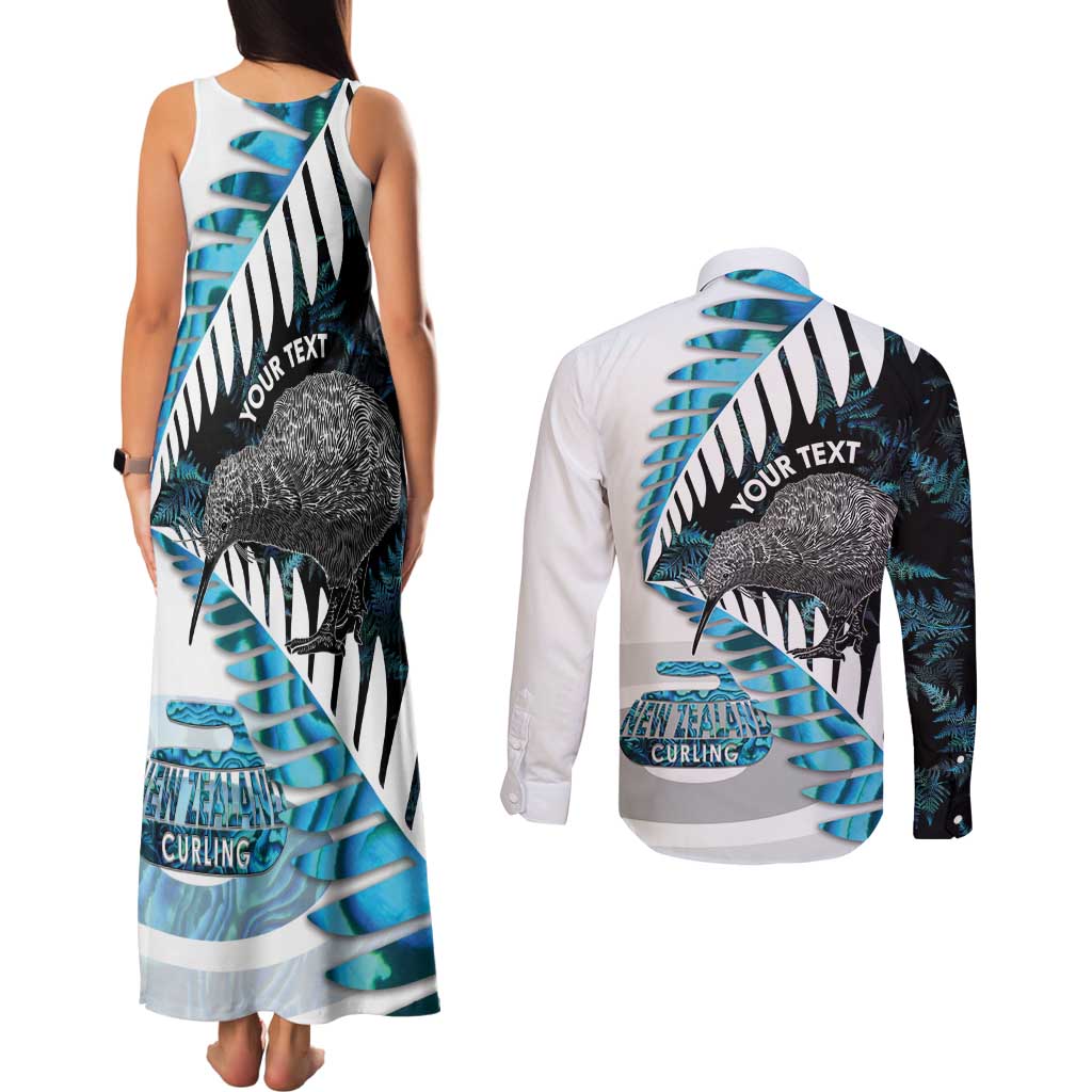 New Zealand Silver Fern Curling Personalised Couples Matching Tank Maxi Dress and Long Sleeve Button Shirt Aotearoa Kiwi Ponga Paua Shell Version LT14 - Polynesian Pride