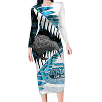 New Zealand Silver Fern Curling Personalised Family Matching Long Sleeve Bodycon Dress and Hawaiian Shirt Aotearoa Kiwi Ponga Paua Shell Version LT14 Mom's Dress Black - Polynesian Pride