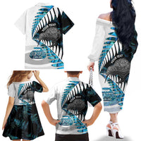 New Zealand Silver Fern Curling Personalised Family Matching Off The Shoulder Long Sleeve Dress and Hawaiian Shirt Aotearoa Kiwi Ponga Paua Shell Version LT14 - Polynesian Pride