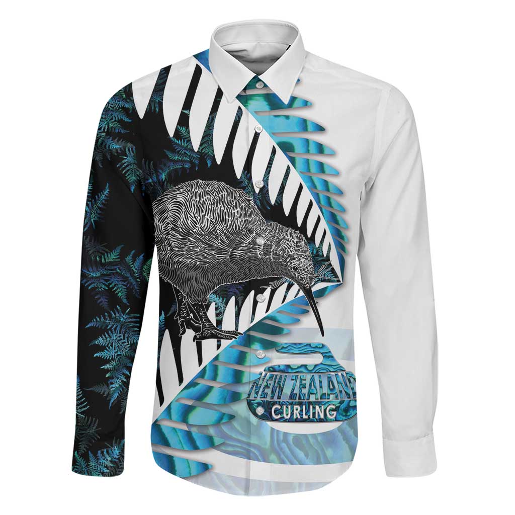 New Zealand Silver Fern Curling Personalised Family Matching Off The Shoulder Long Sleeve Dress and Hawaiian Shirt Aotearoa Kiwi Ponga Paua Shell Version LT14 Dad's Shirt - Long Sleeve Black - Polynesian Pride