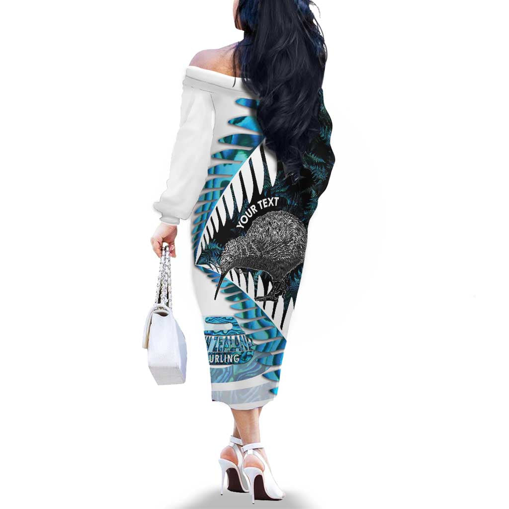 New Zealand Silver Fern Curling Personalised Family Matching Off The Shoulder Long Sleeve Dress and Hawaiian Shirt Aotearoa Kiwi Ponga Paua Shell Version LT14 - Polynesian Pride