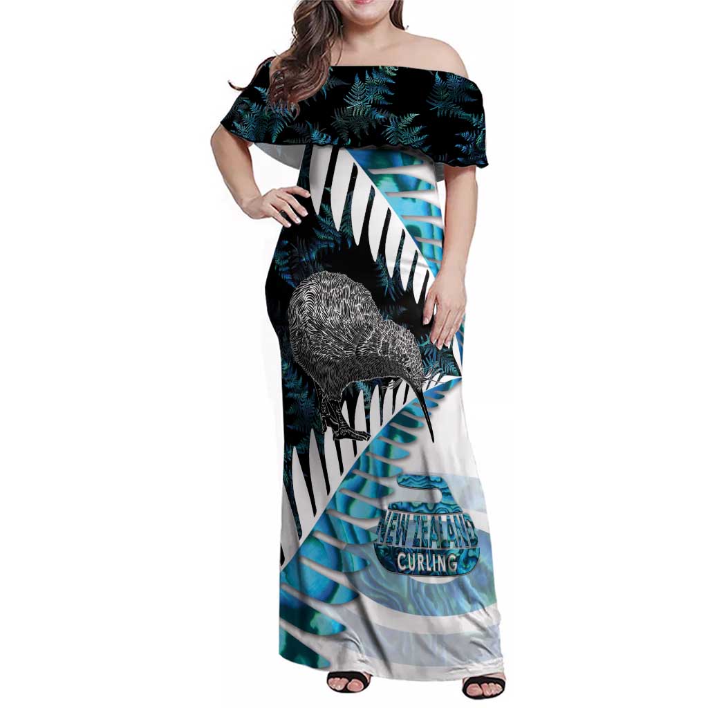 New Zealand Silver Fern Curling Personalised Family Matching Off Shoulder Maxi Dress and Hawaiian Shirt Aotearoa Kiwi Ponga Paua Shell Version LT14 Mom's Dress Black - Polynesian Pride