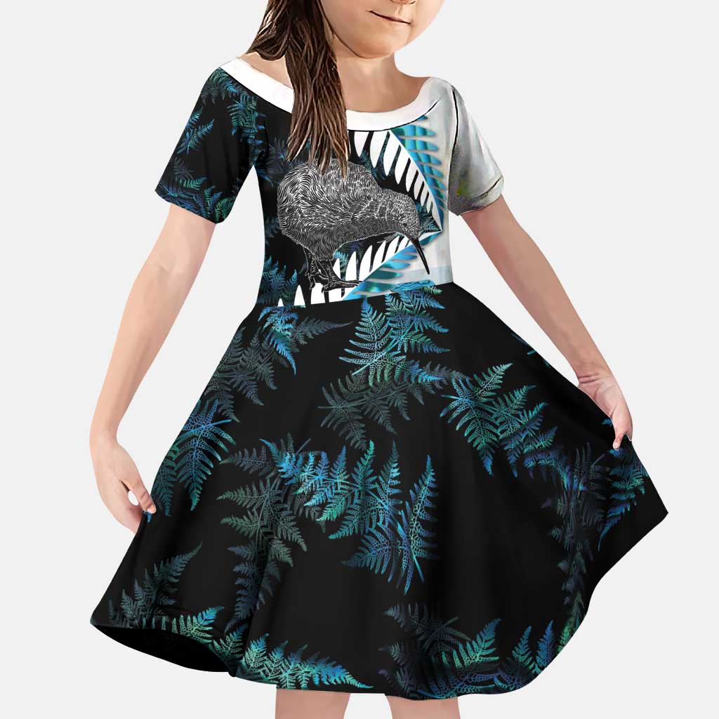 New Zealand Silver Fern Curling Personalised Family Matching Summer Maxi Dress and Hawaiian Shirt Aotearoa Kiwi Ponga Paua Shell Version LT14 Daughter's Dress Black - Polynesian Pride