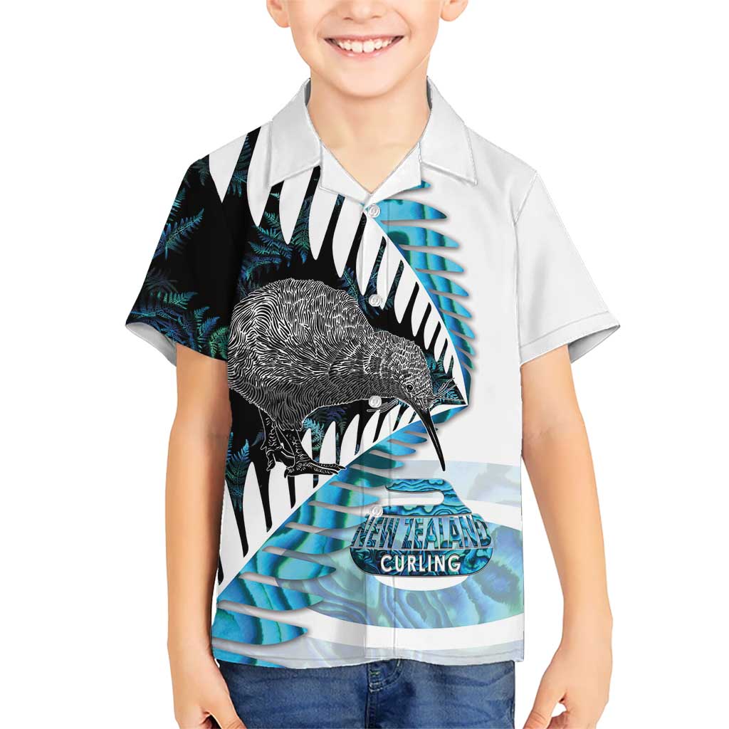 New Zealand Silver Fern Curling Personalised Kid Hawaiian Shirt Aotearoa Kiwi Ponga Paua Shell Version LT14 Kid Black - Polynesian Pride