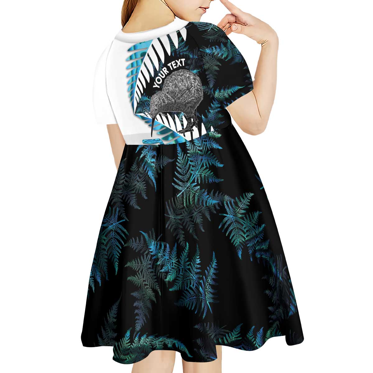 New Zealand Silver Fern Curling Personalised Kid Short Sleeve Dress Aotearoa Kiwi Ponga Paua Shell Version LT14 - Polynesian Pride