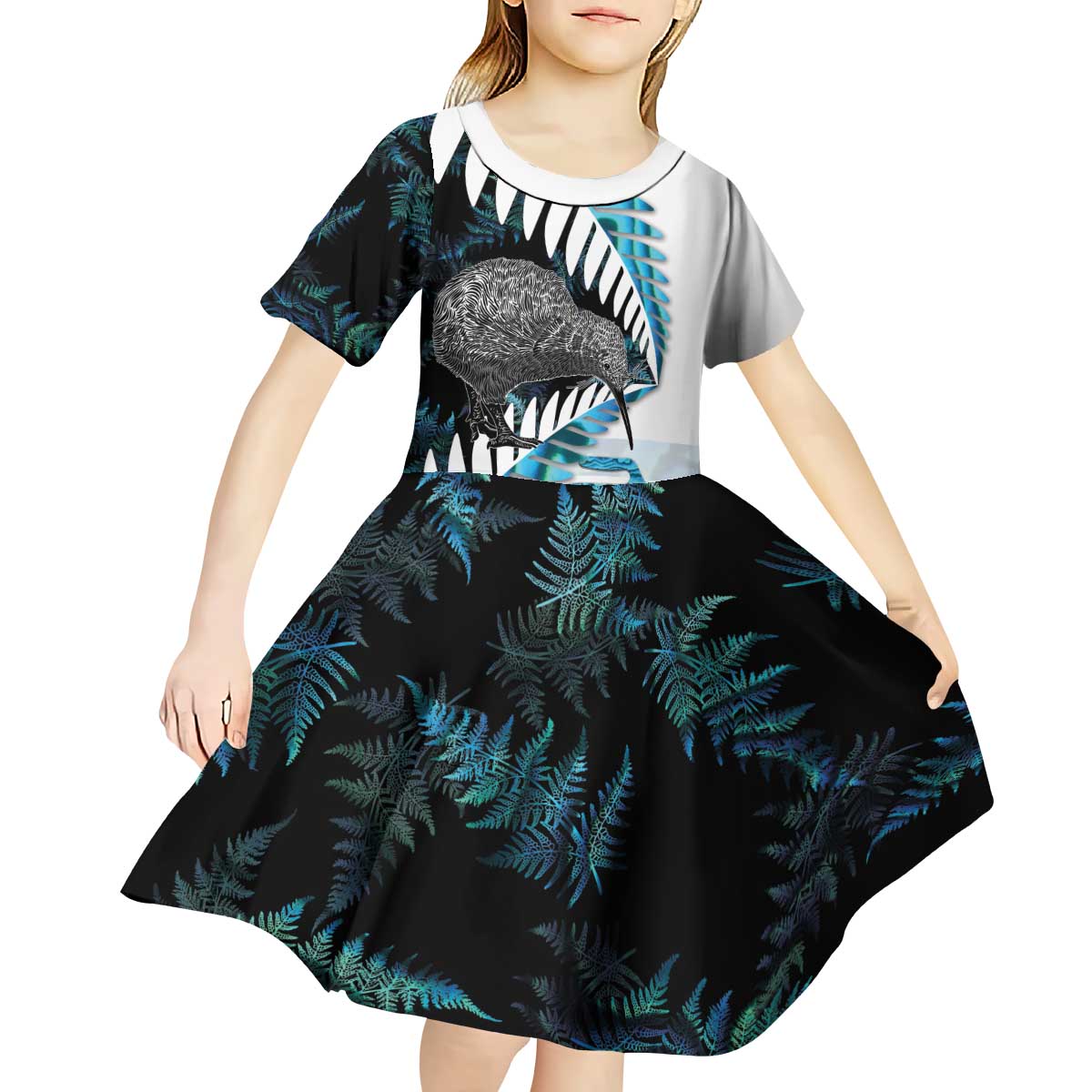 New Zealand Silver Fern Curling Personalised Kid Short Sleeve Dress Aotearoa Kiwi Ponga Paua Shell Version LT14 - Polynesian Pride