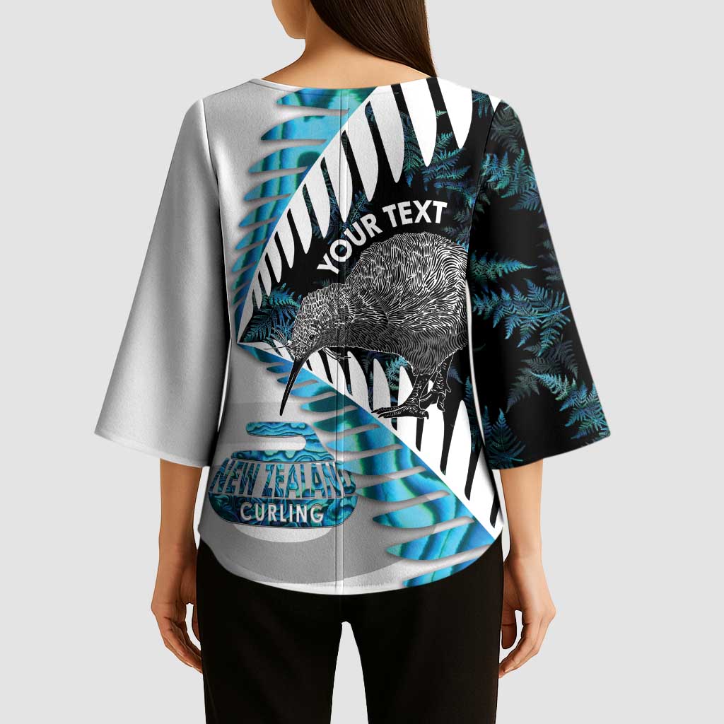 New Zealand Silver Fern Curling Personalised Kimono Sleeve Blouse Aotearoa Kiwi Ponga Paua Shell Version - Polynesian Pride