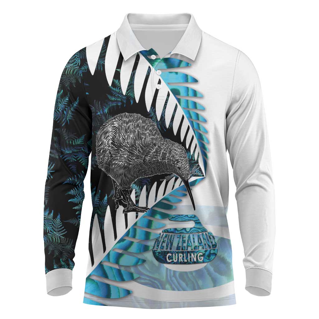 New Zealand Silver Fern Curling Personalised Long Sleeve Polo Shirt Aotearoa Kiwi Ponga Paua Shell Version LT14 Black - Polynesian Pride