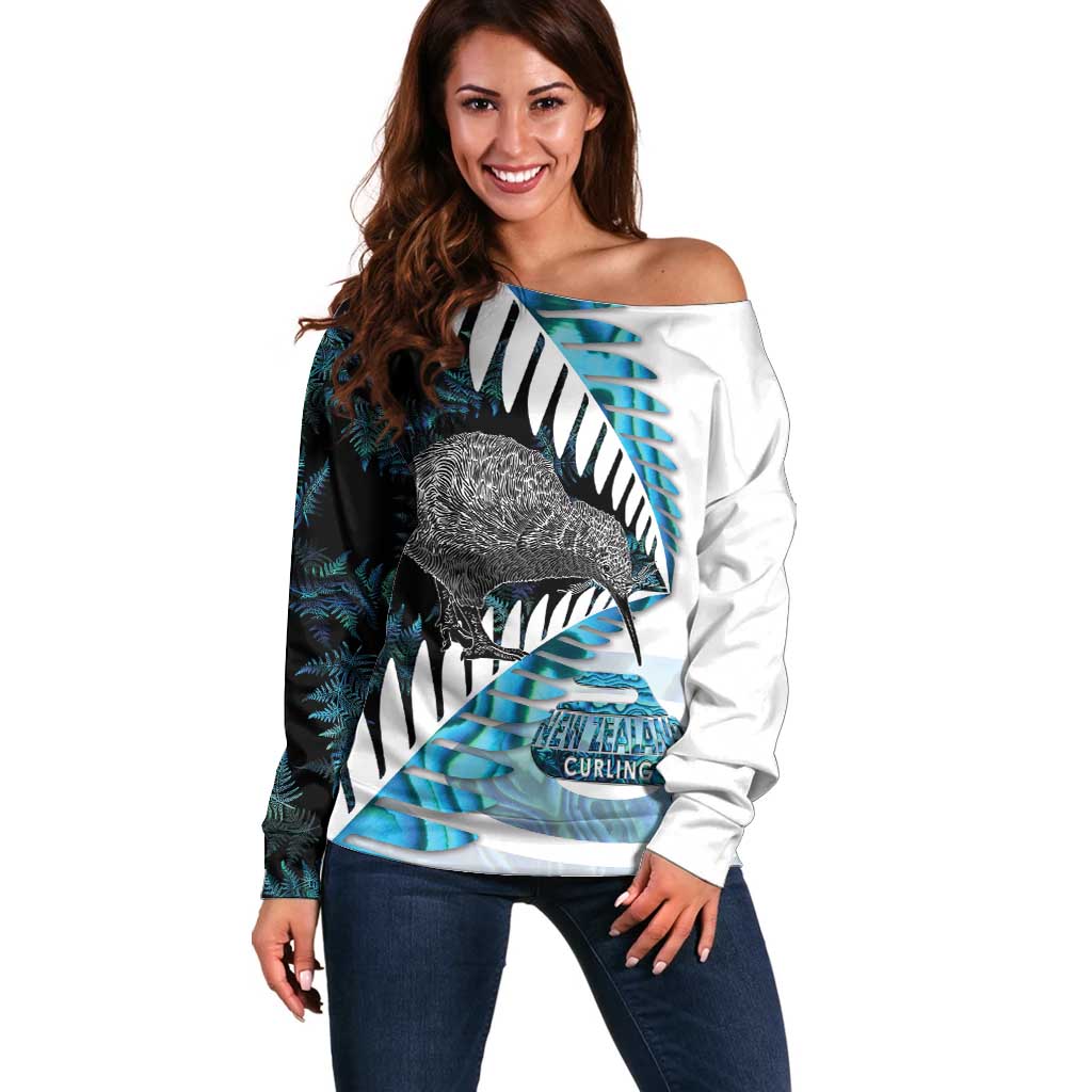 New Zealand Silver Fern Curling Personalised Off Shoulder Sweater Aotearoa Kiwi Ponga Paua Shell Version - Polynesian Pride