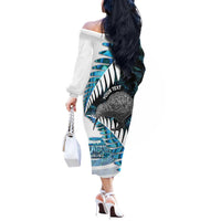 New Zealand Silver Fern Curling Personalised Off The Shoulder Long Sleeve Dress Aotearoa Kiwi Ponga Paua Shell Version LT14 - Polynesian Pride