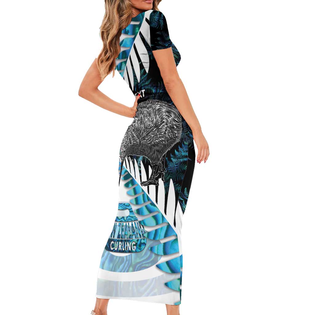 New Zealand Silver Fern Curling Personalised Short Sleeve Bodycon Dress Aotearoa Kiwi Ponga Paua Shell Version LT14 - Polynesian Pride